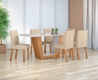 Conjunto Sala de Jantar Mesa Apogeu 160 Tampo Vidro Off White com 6 Cadeiras Laini - Lopas