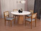 SALA DE JANTAR VIENA 100CM REDONDO C/VIDRO COM 4 CADEIRAS MADEIRA MACI&Ccedil;A SANTORINI TELA CINAMOMO/OFF LINHO