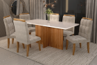SALA DE JANTAR LOAS ANGELES 160CM C/VIDRO COM 6 CADEIRAS MADEIRA MACI&Ccedil;A LONDRES CINAMOMO/OFF VELUDO