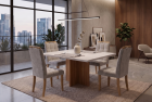 SALA DE JANTAR LOAS ANGELES 90CM C/VIDRO COM 4 CADEIRAS MADEIRA MACIÇA LONDRES CINAMOMO/OFF VELUDO