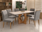 SALA DE JANTAR MADRID 160CM C/VIDRO COM 6 CADEIRAS MADEIRA MACI&Ccedil;A MADRID CINAMOMO/OFF VELUDO